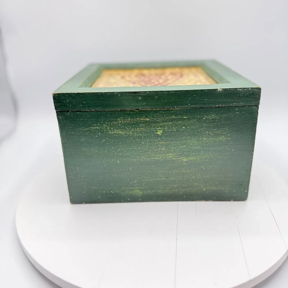 Vintage Wooden Green Lidded Box w/ Tile Mosaic Heart Cottagecore Country Chic
